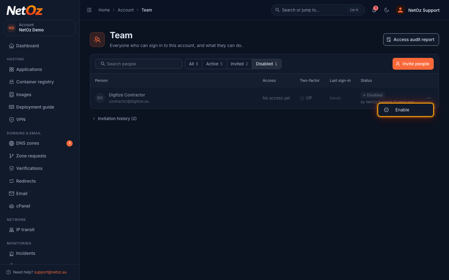 Re-enable someone in the NetOz Portal