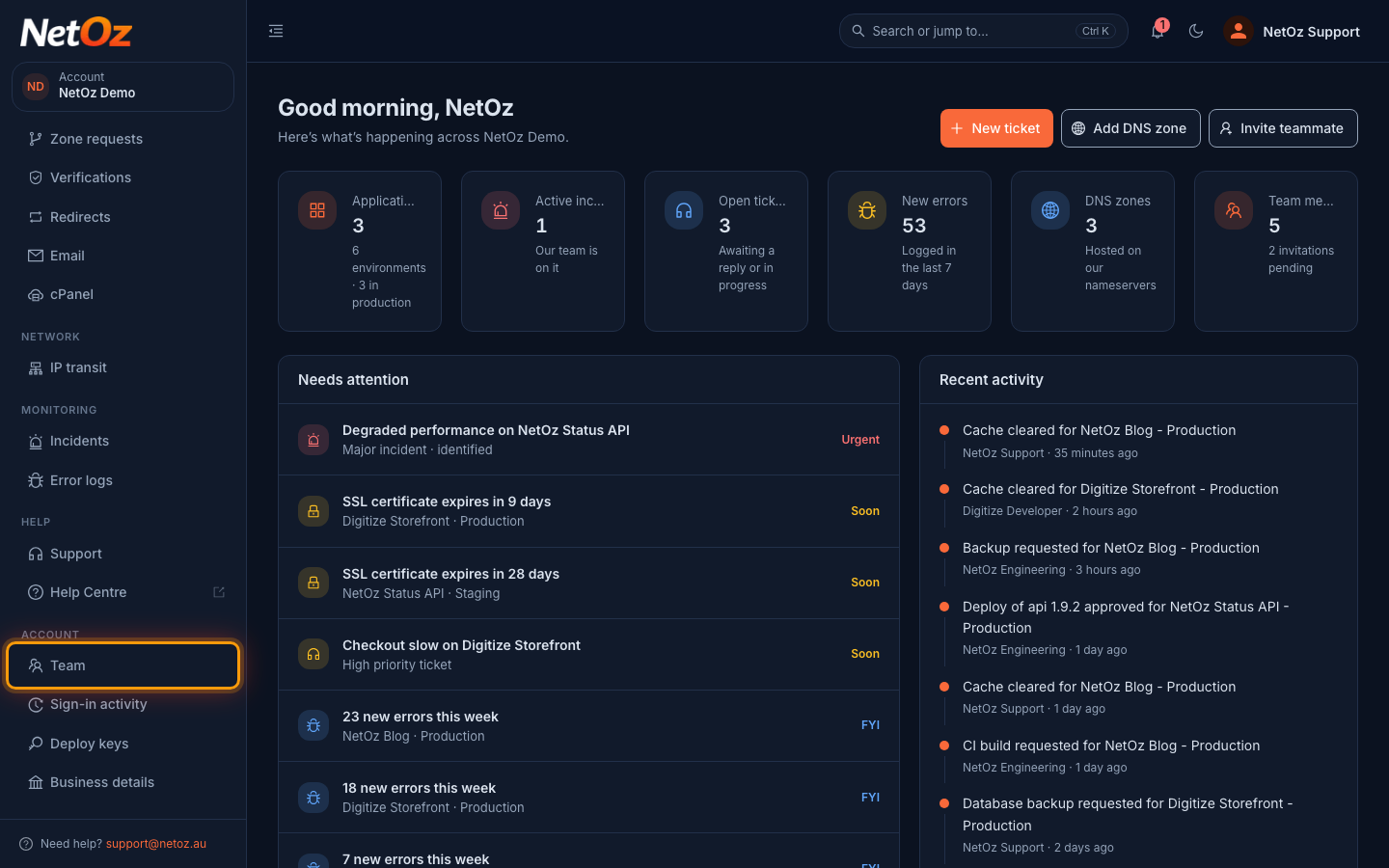 Open Team from the sidebar in the NetOz Portal
