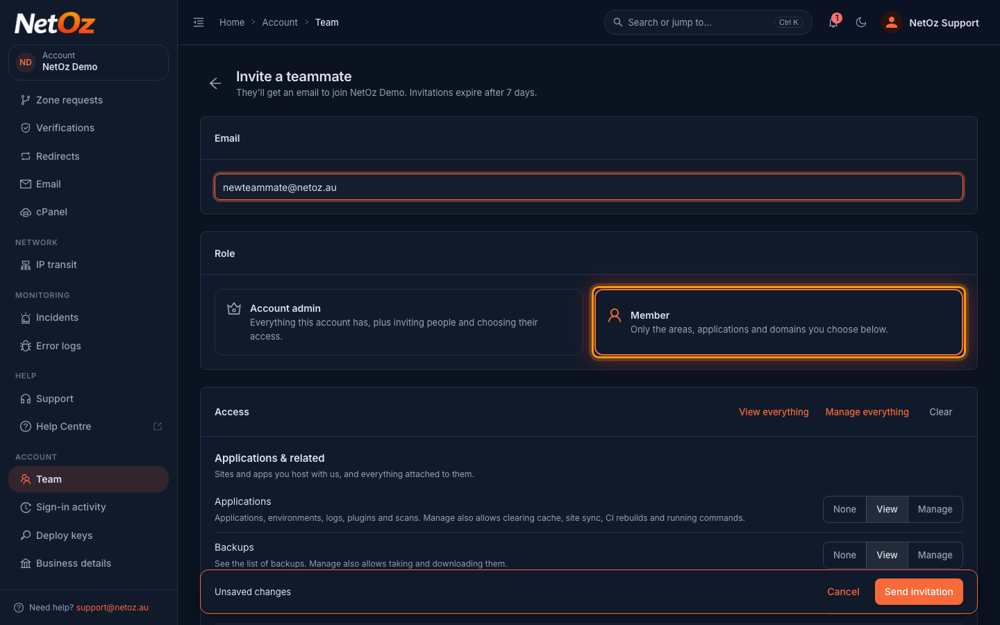 Choose their role in the NetOz Portal