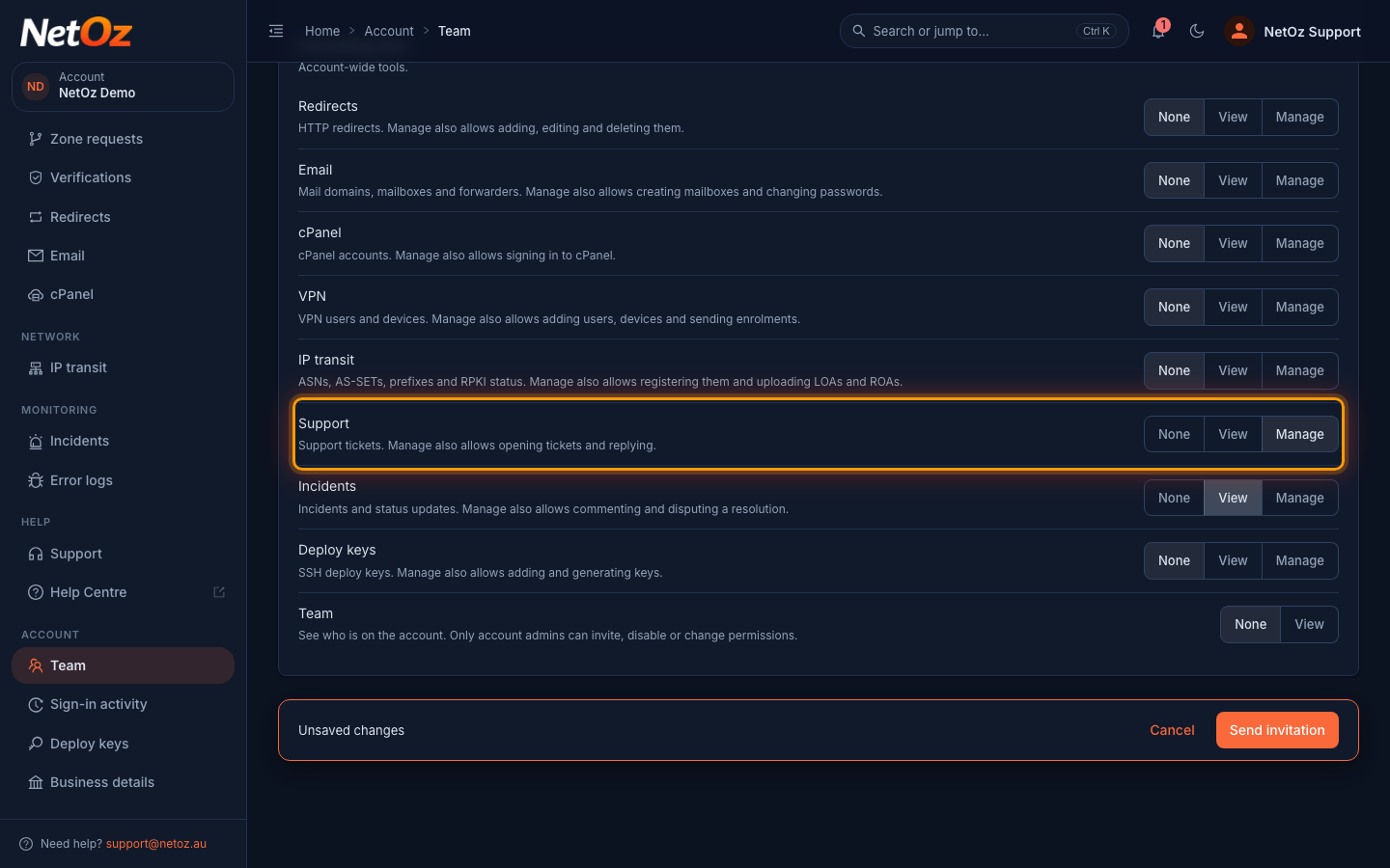 Choose what they can access in the NetOz Portal