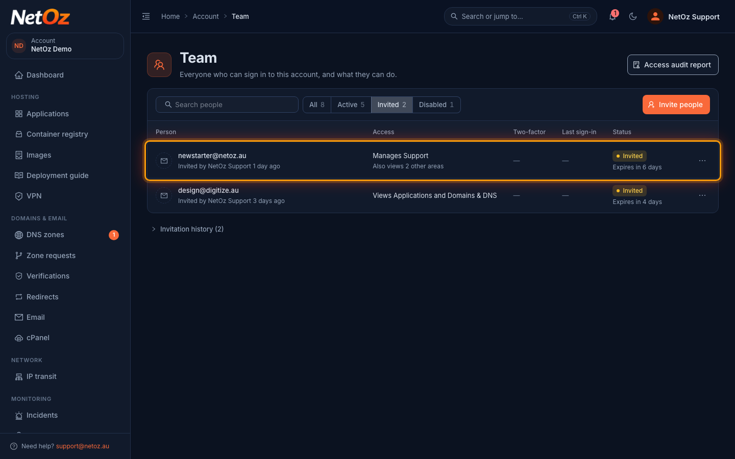 Show pending invitations in the NetOz Portal