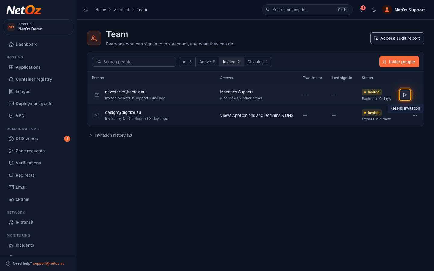 Resend the email in the NetOz Portal