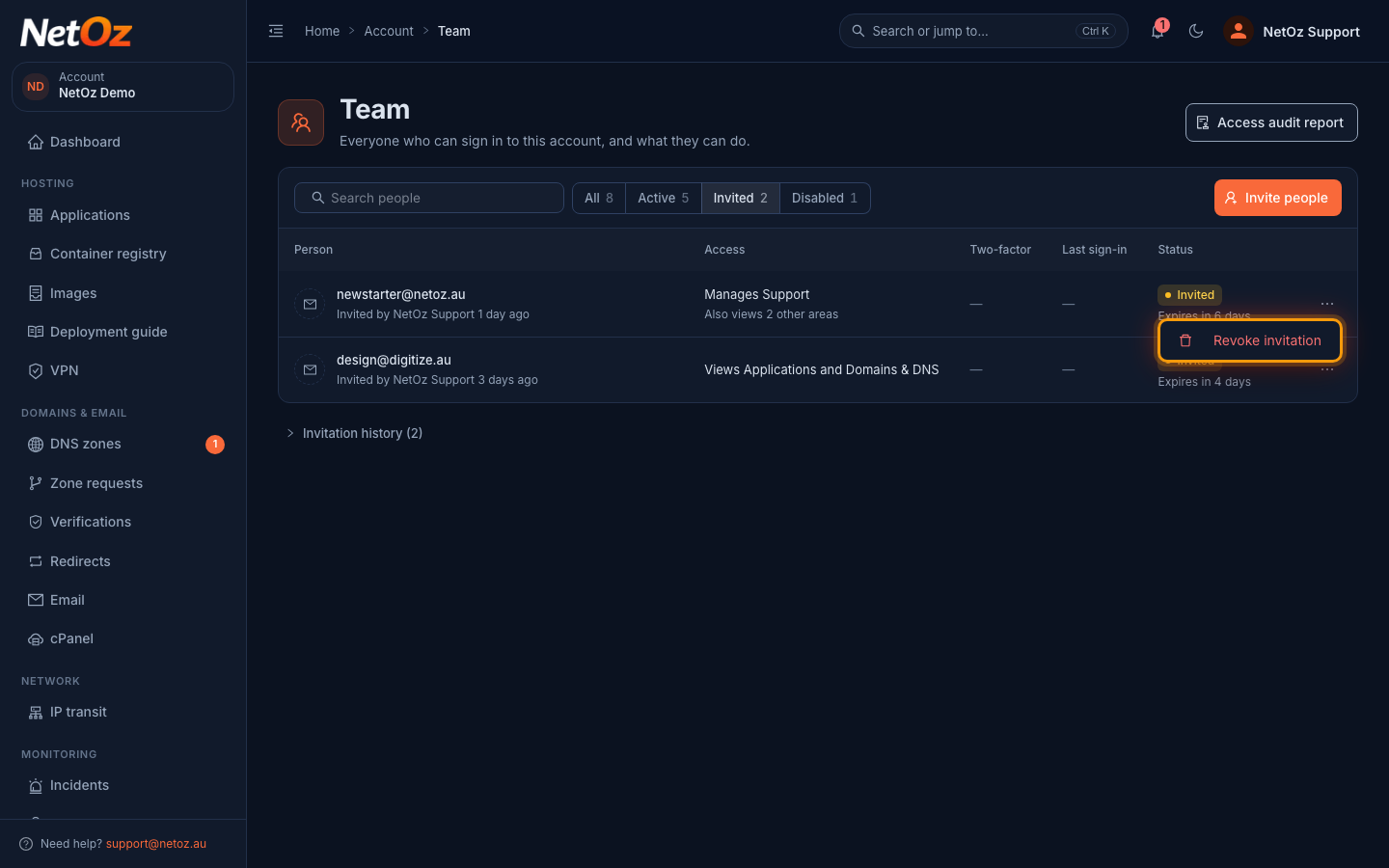 Revoke an invitation in the NetOz Portal