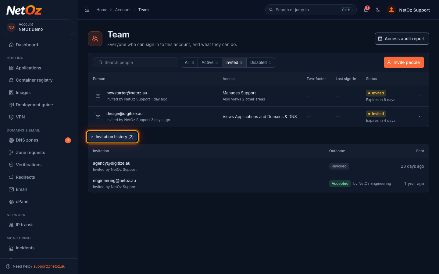 Check the invitation history in the NetOz Portal