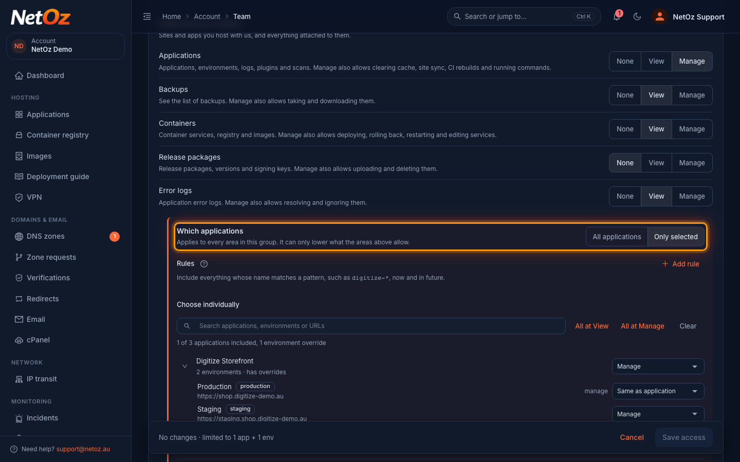 Limit access to specific applications in the NetOz Portal