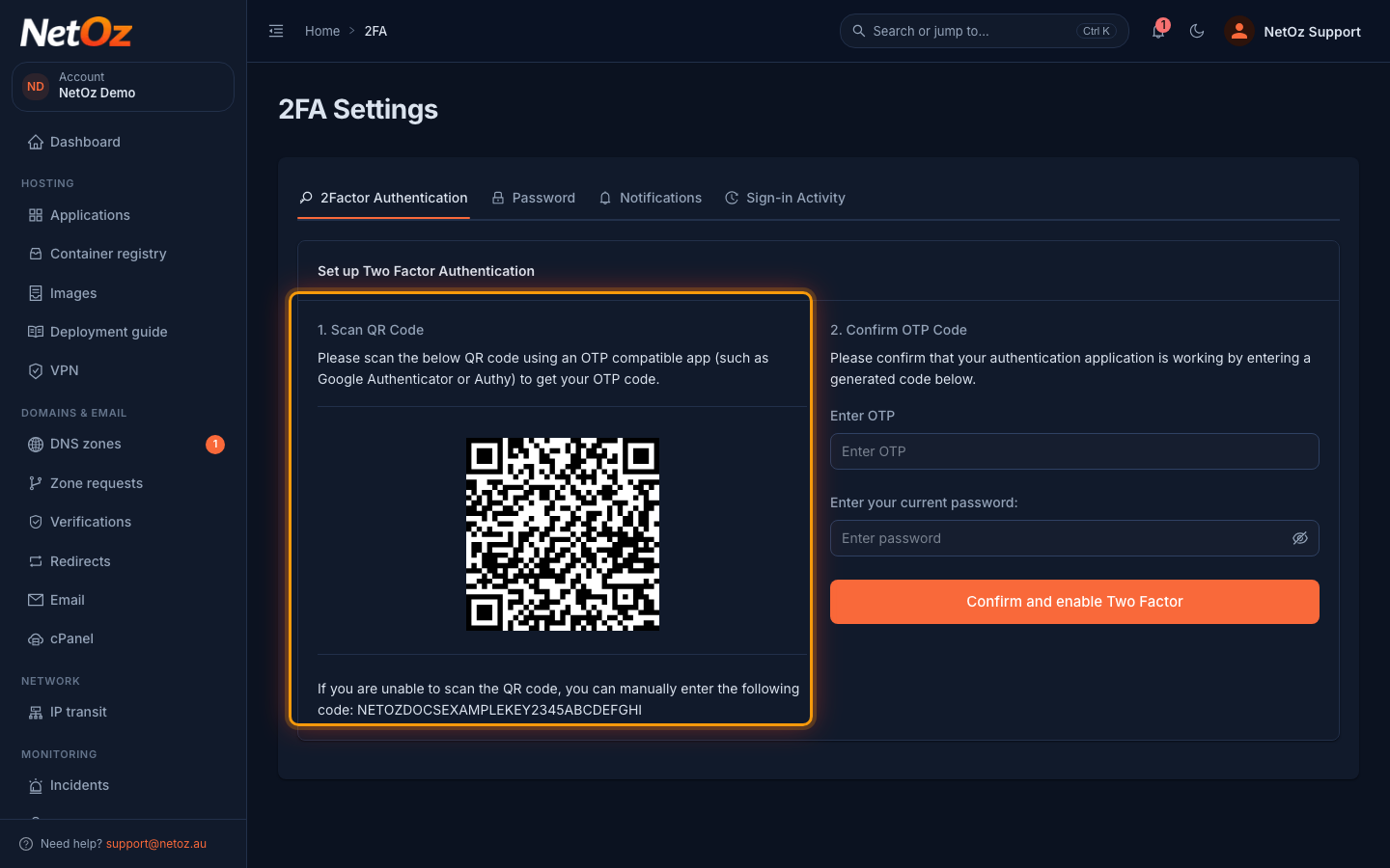 Scan the QR code in the NetOz Portal