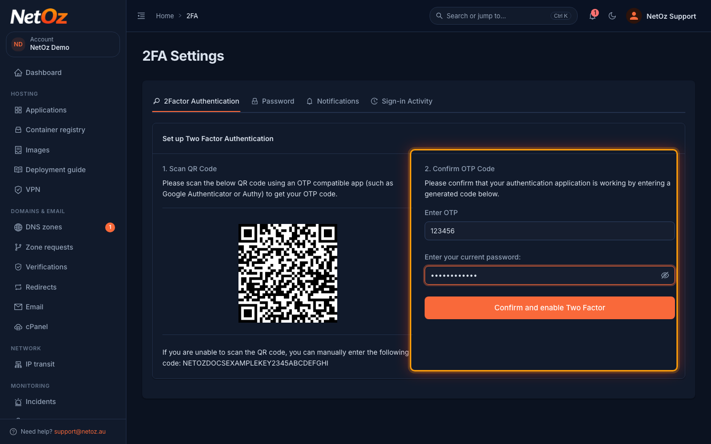 Confirm with a code in the NetOz Portal
