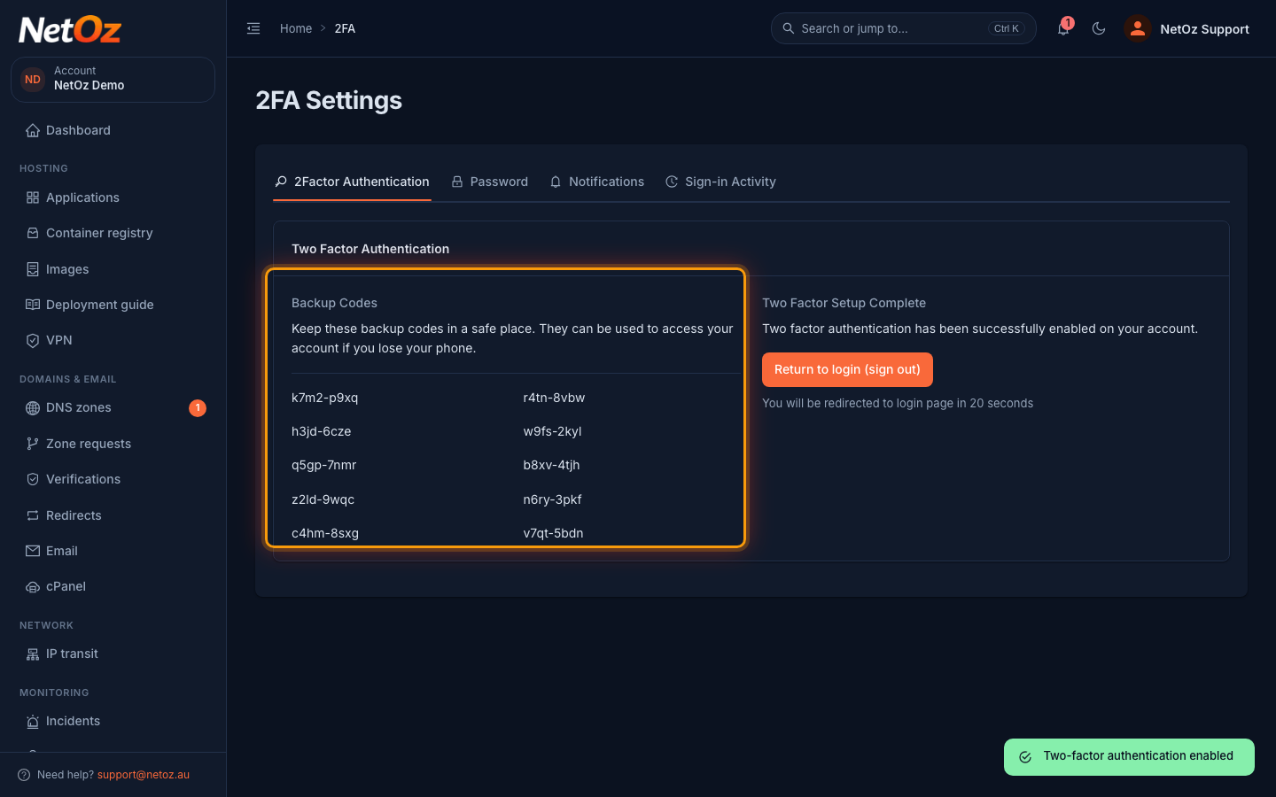 Save your backup codes in the NetOz Portal