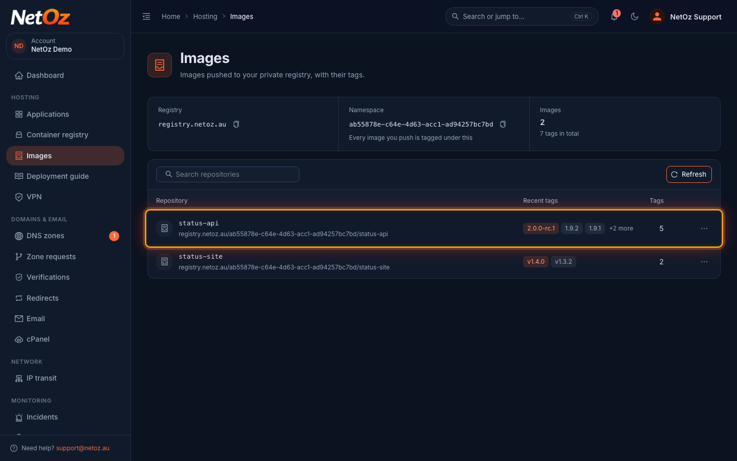 Find your repository in the NetOz Portal