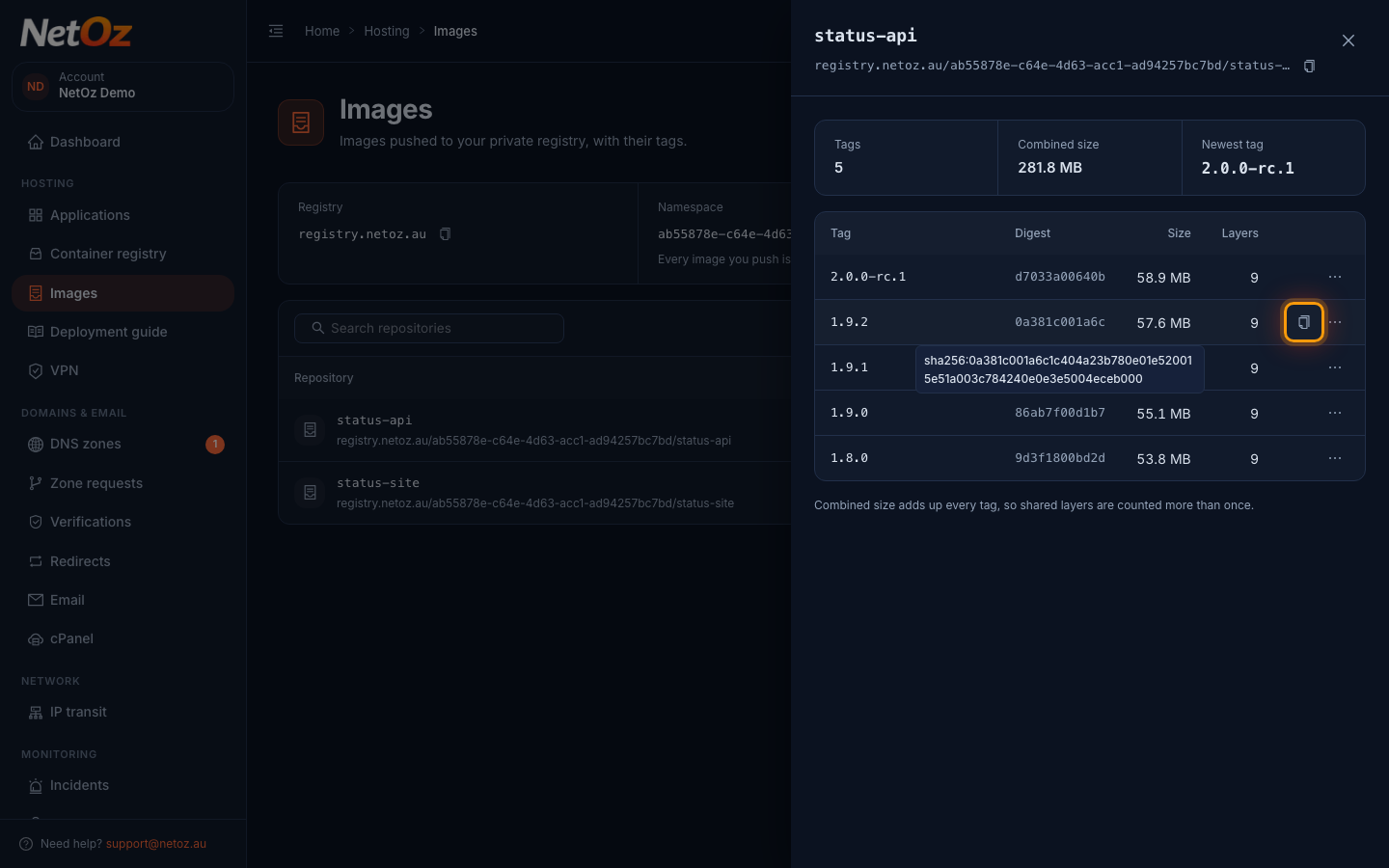 Copy a pull command in the NetOz Portal