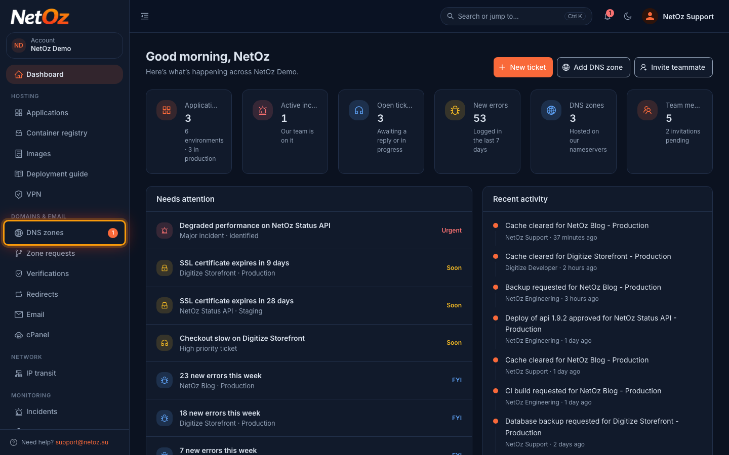 Open DNS zones in the NetOz Portal
