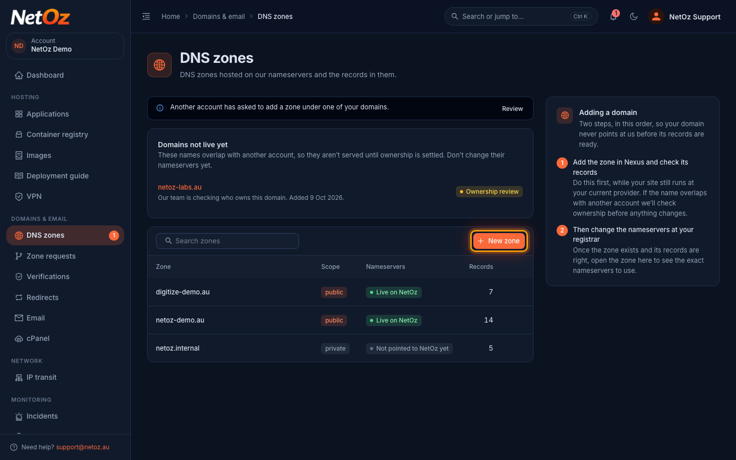 Select New zone in the NetOz Portal