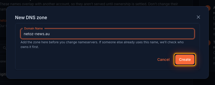 Enter the domain name in the NetOz Portal