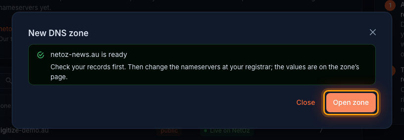 Open the new zone in the NetOz Portal