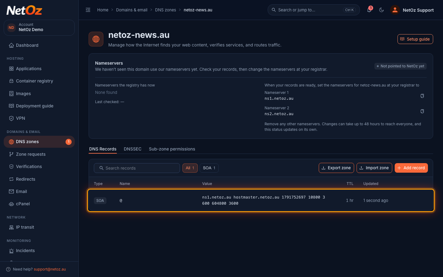 Check the SOA record in the NetOz Portal