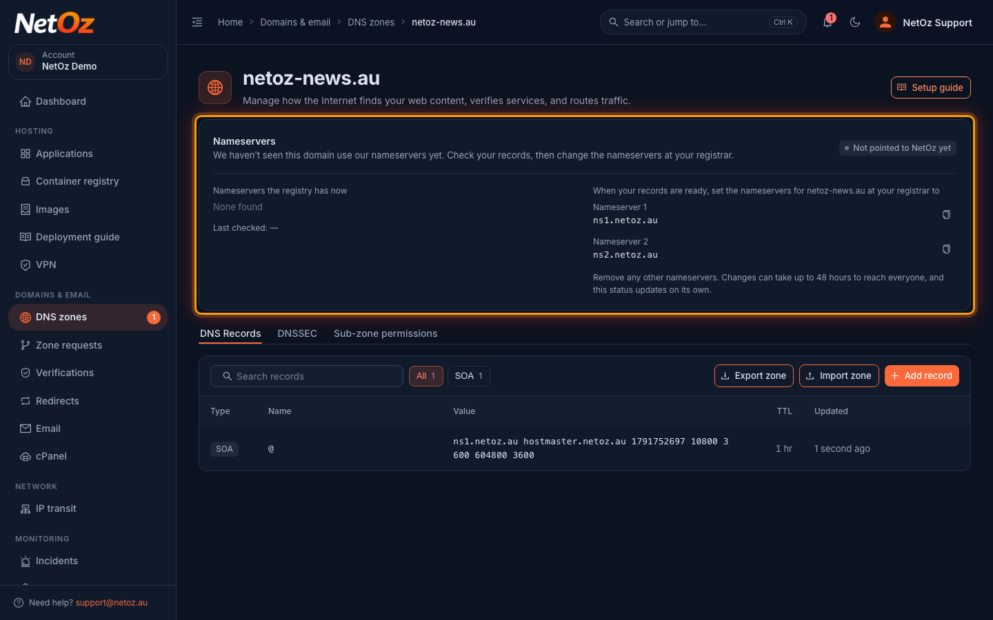 Find the nameservers to use in the NetOz Portal