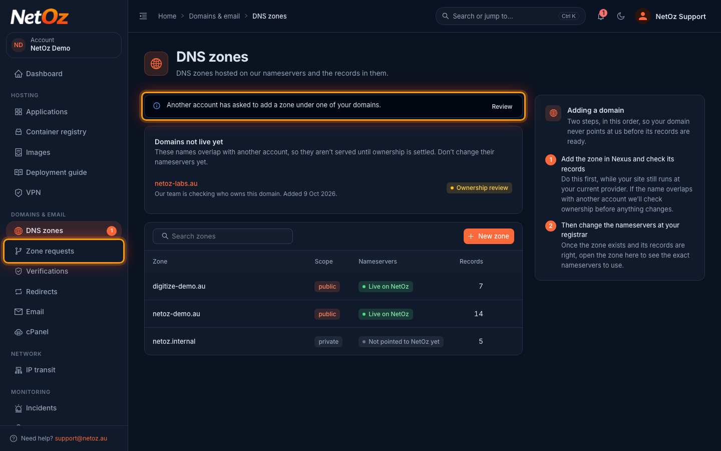 Open Zone requests in the NetOz Portal