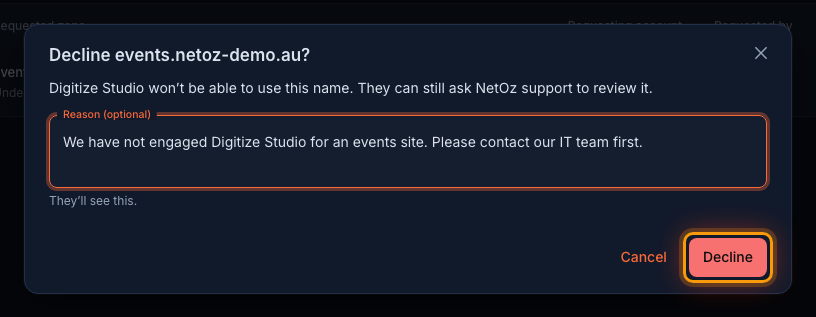 Decline a request you don’t expect in the NetOz Portal