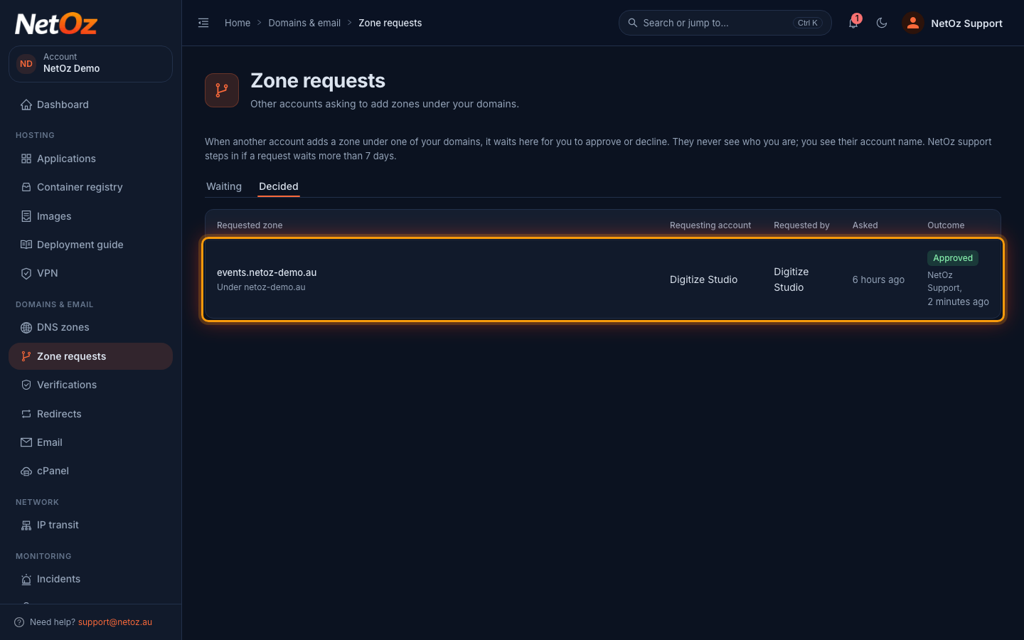 Check the outcome in the NetOz Portal