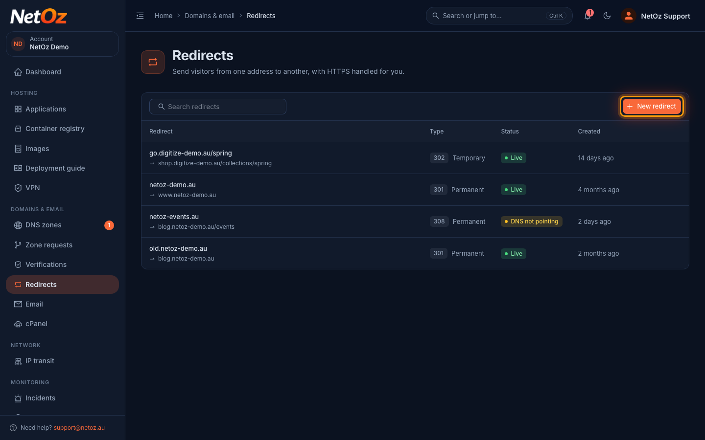 Select New redirect in the NetOz Portal