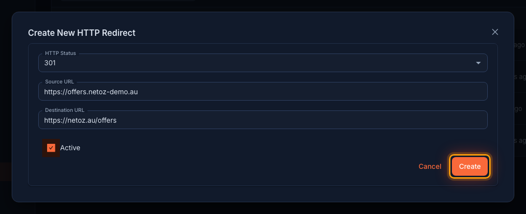 Enter the redirect details in the NetOz Portal