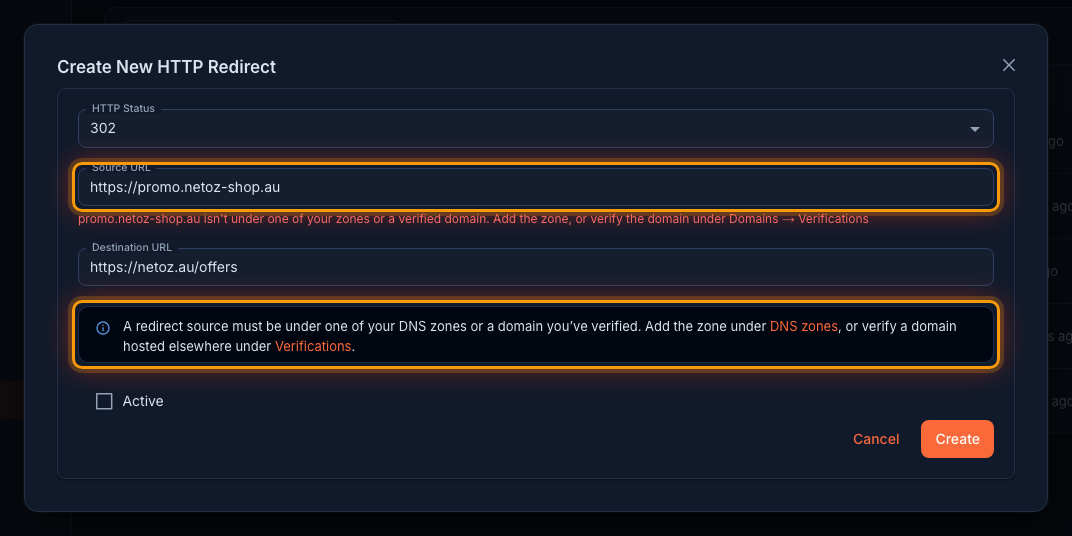 If the source domain is not yours yet in the NetOz Portal