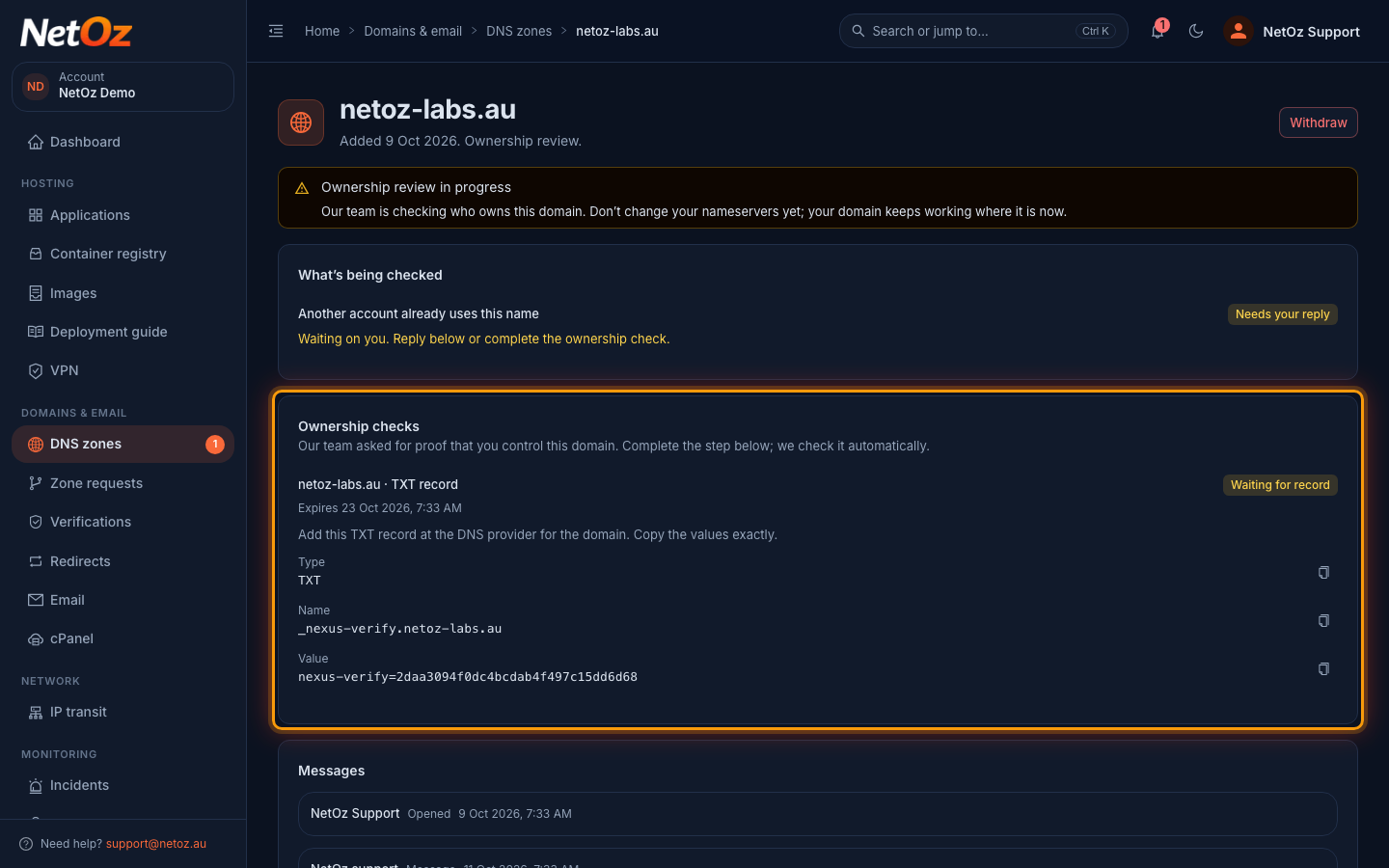 Add the TXT record in the NetOz Portal