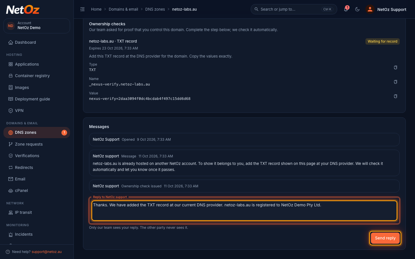 Reply to NetOz support in the NetOz Portal