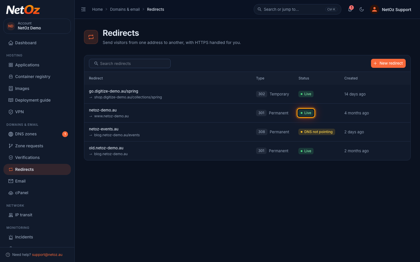 Live redirects in the NetOz Portal