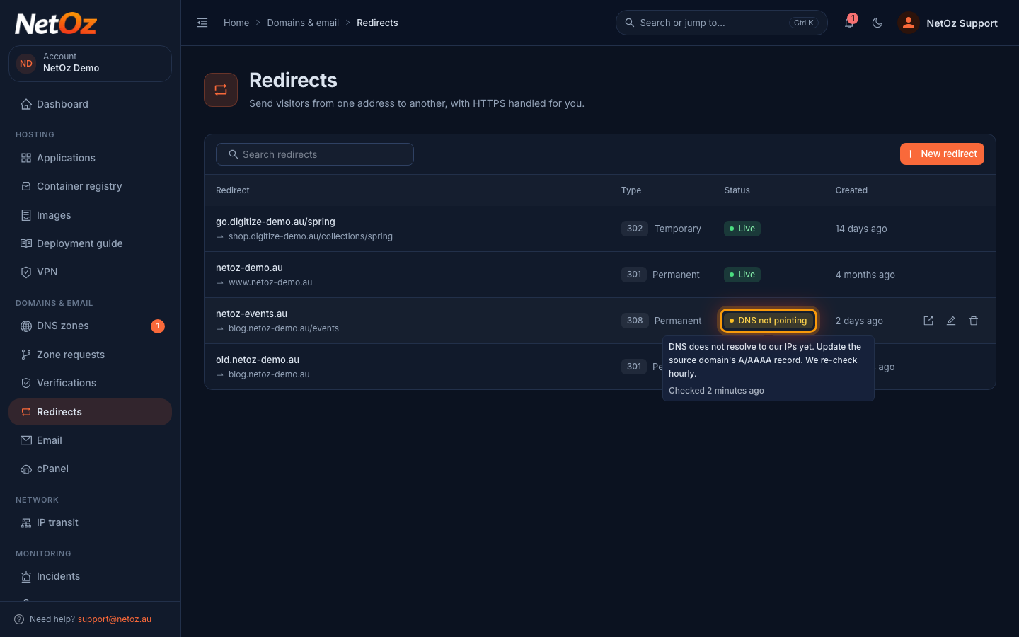 DNS not pointing in the NetOz Portal
