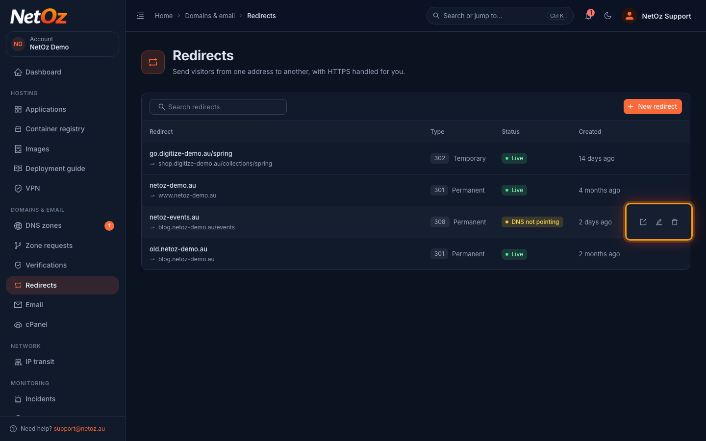 Edit, pause or delete a redirect in the NetOz Portal