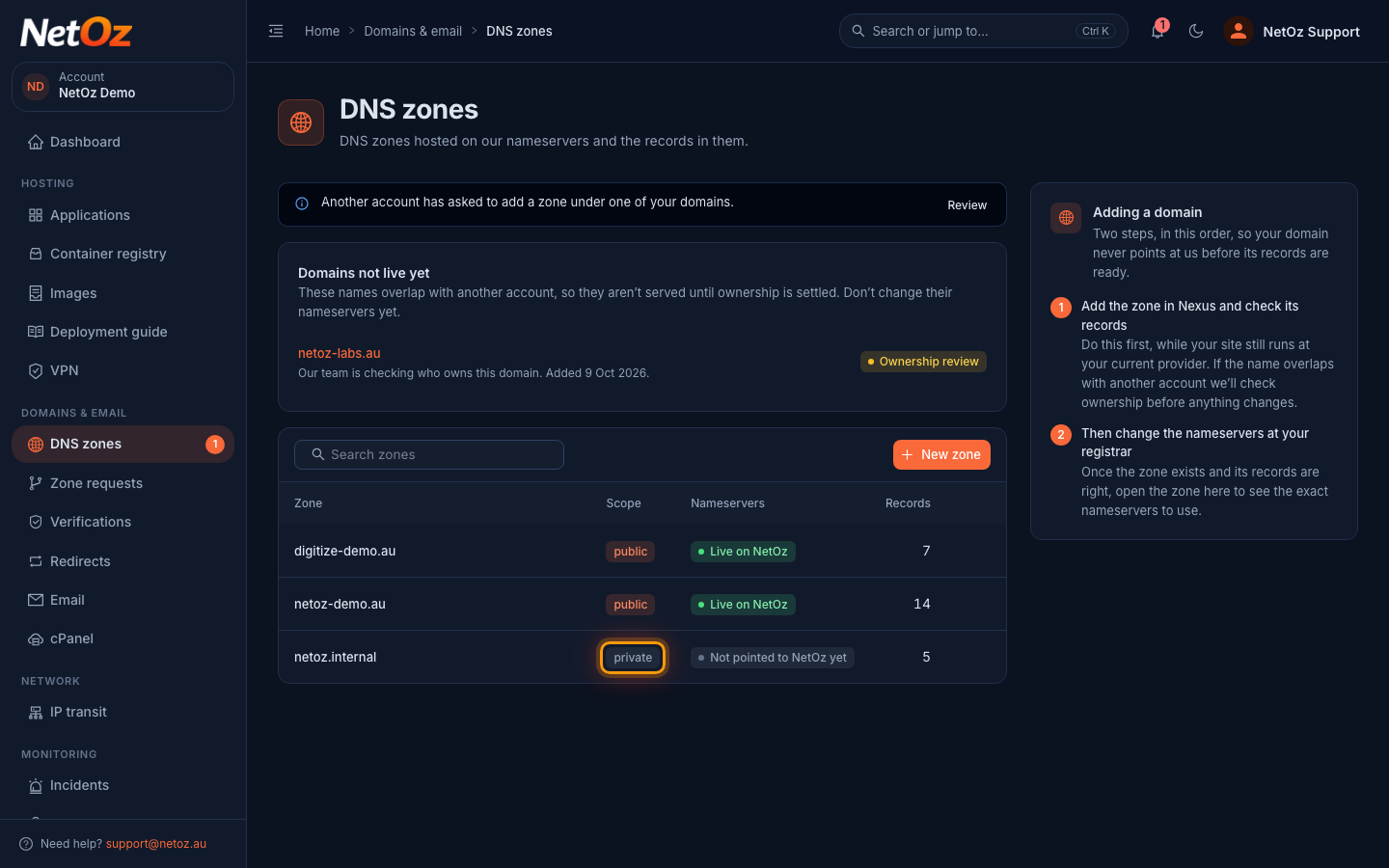 Find the private zone in the NetOz Portal