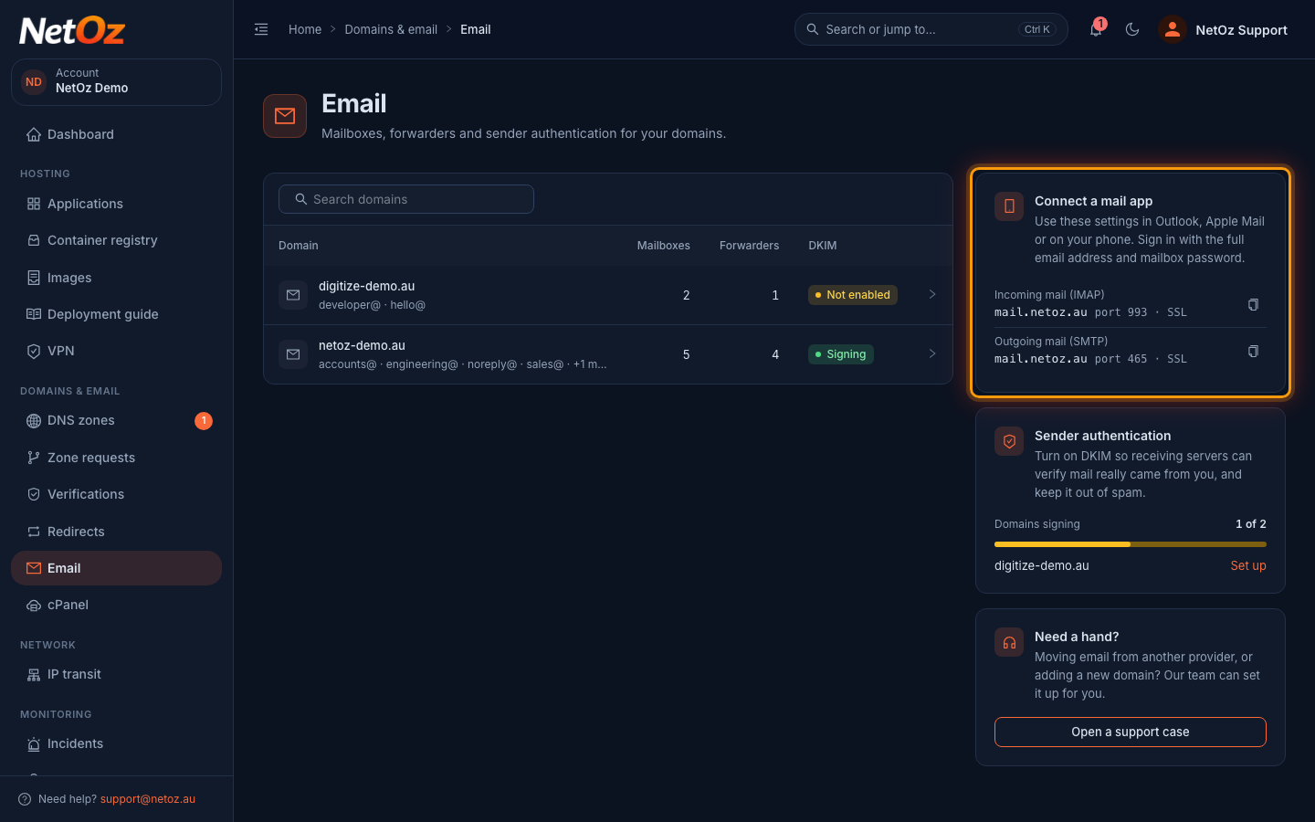 Find the server settings in the NetOz Portal