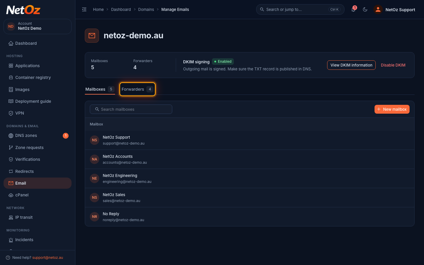 Open the Forwarders tab in the NetOz Portal