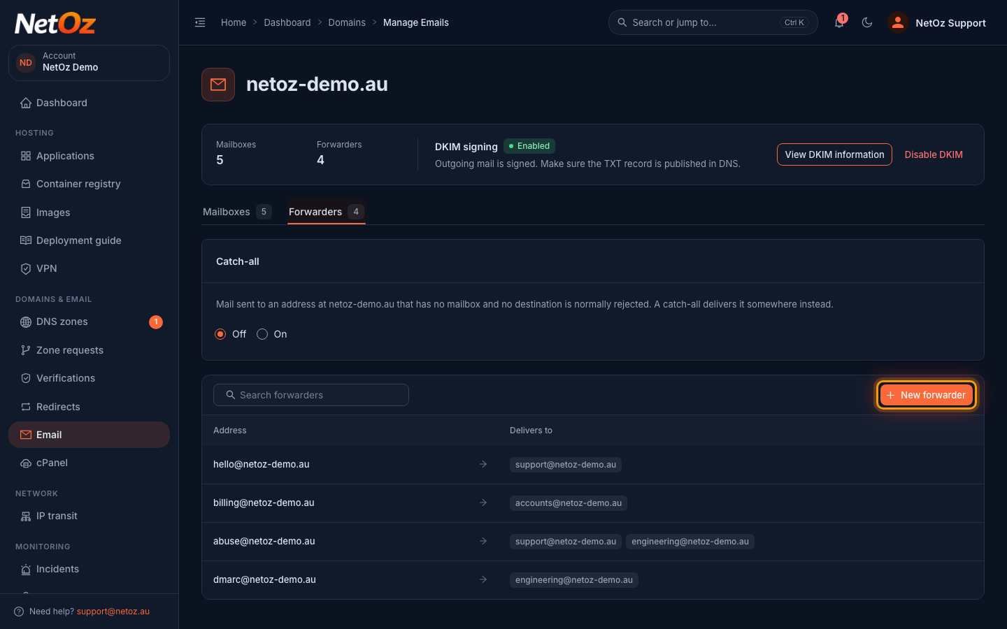 Select New forwarder in the NetOz Portal