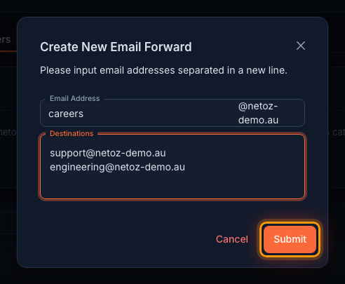 Enter the address and destinations in the NetOz Portal