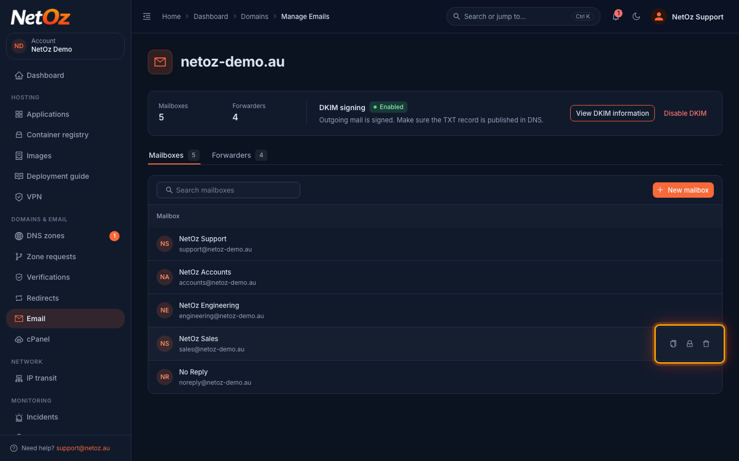 Find the mailbox in the NetOz Portal