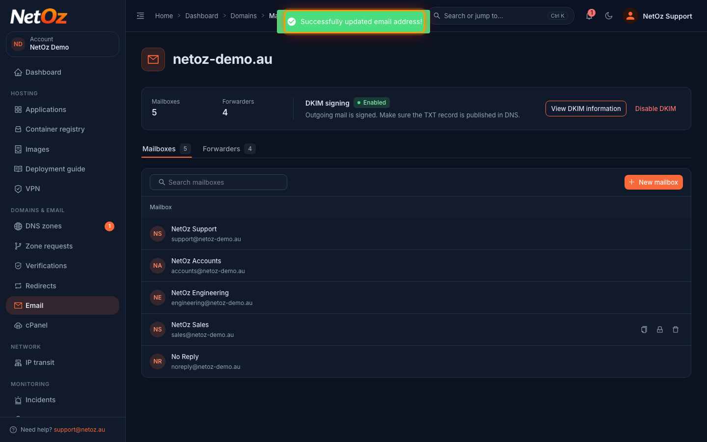 Confirm the change in the NetOz Portal