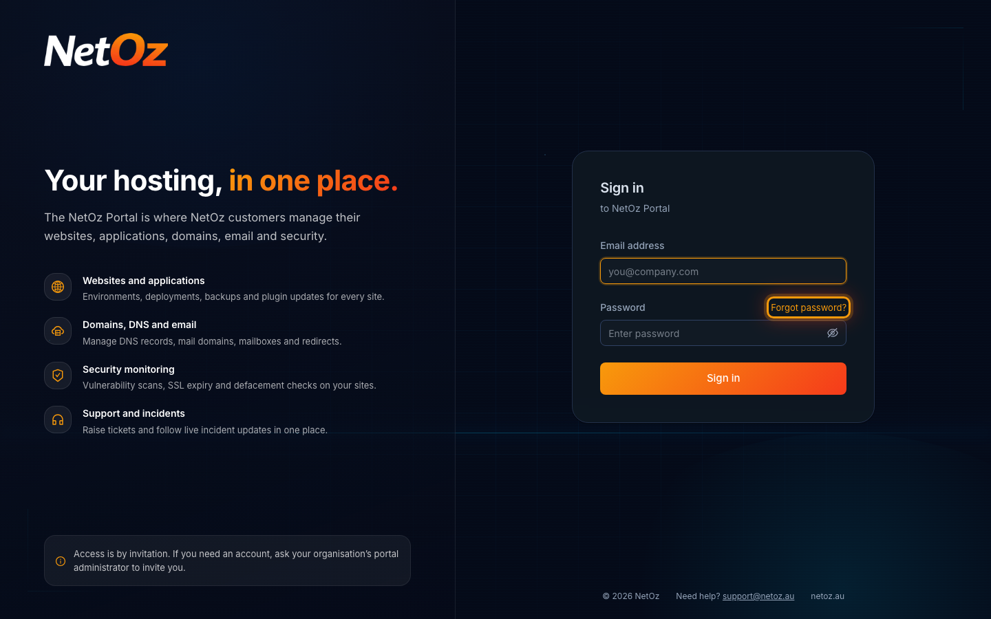 Select Forgot password? in the NetOz Portal