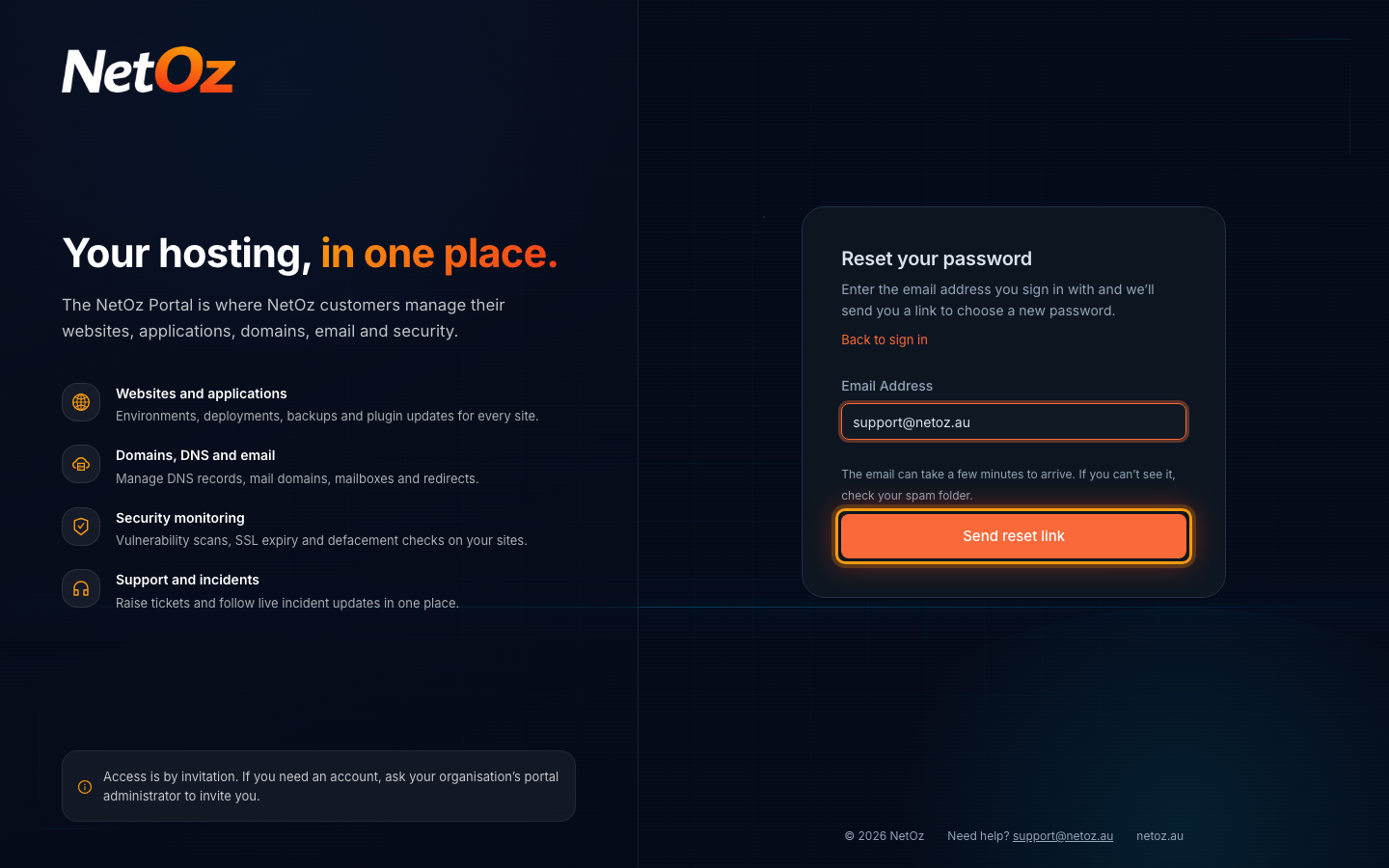 Enter your email address in the NetOz Portal
