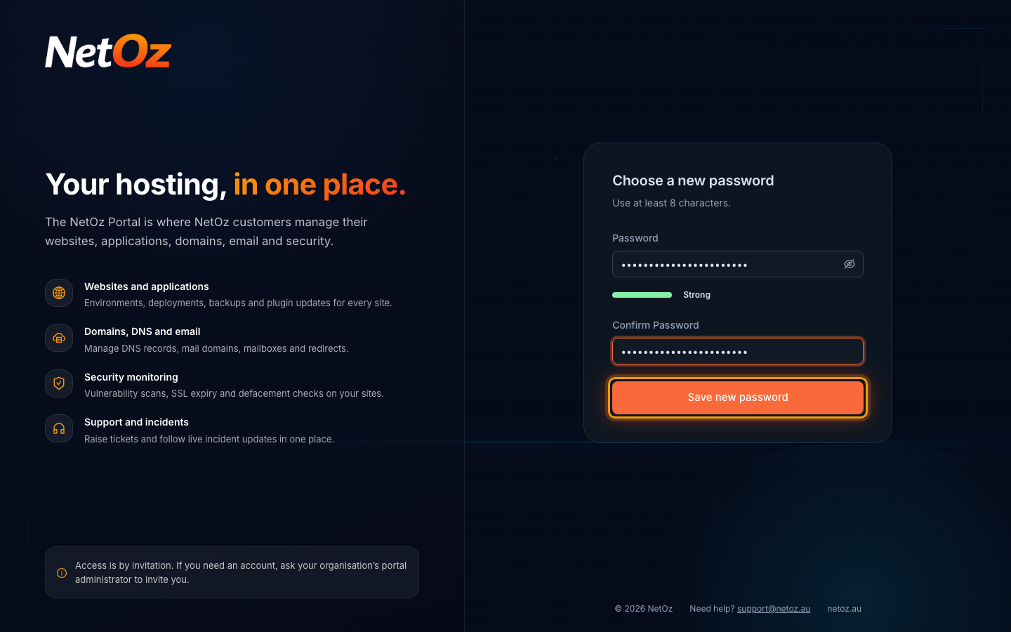 Choose a new password in the NetOz Portal