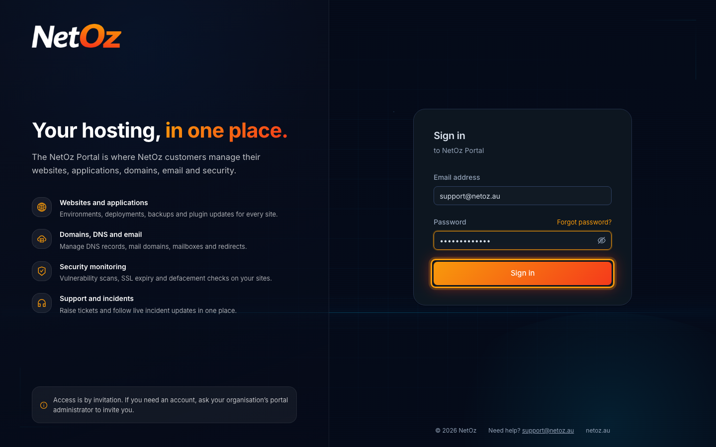 Enter your email address and password in the NetOz Portal