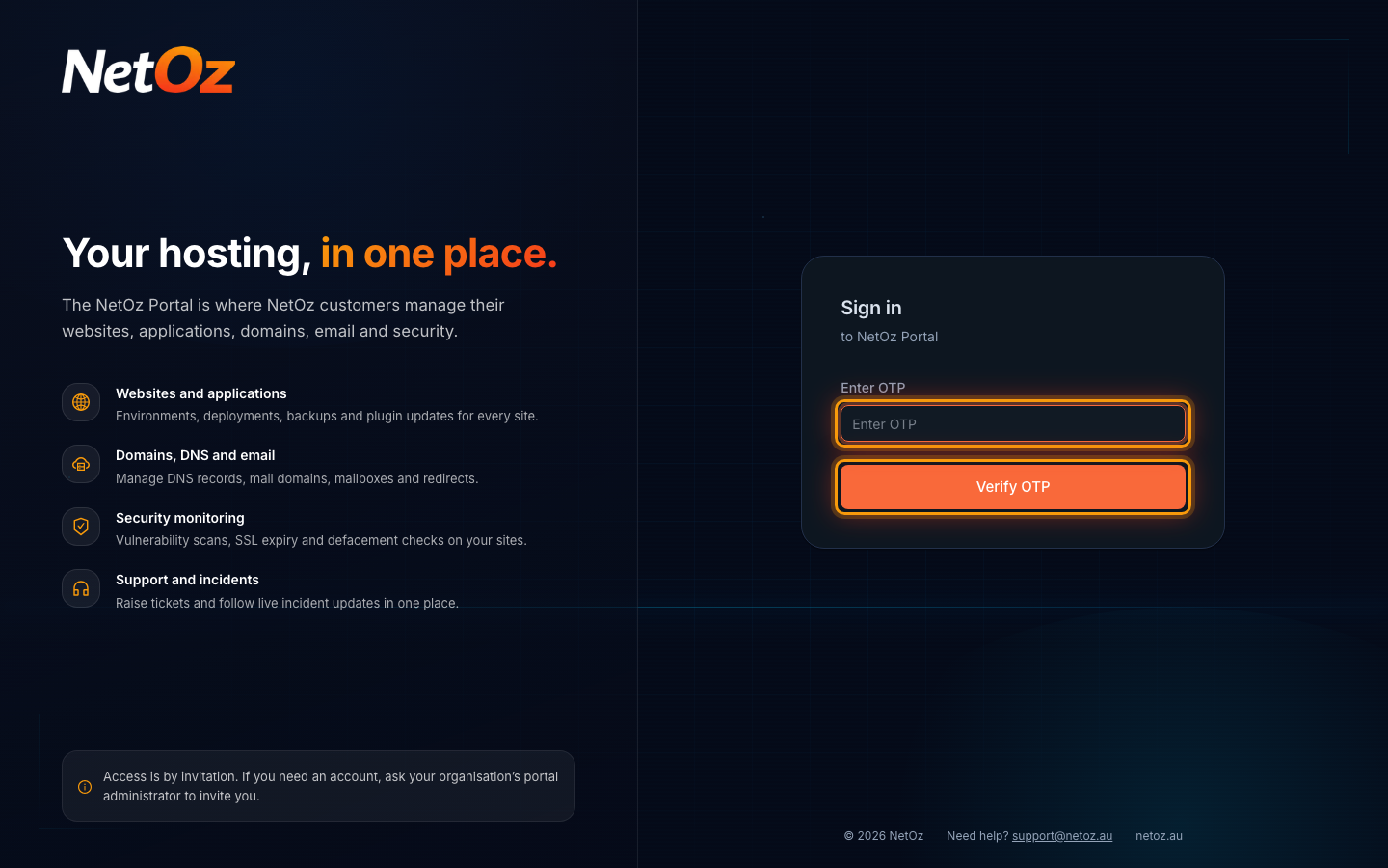 Enter your two-factor code in the NetOz Portal