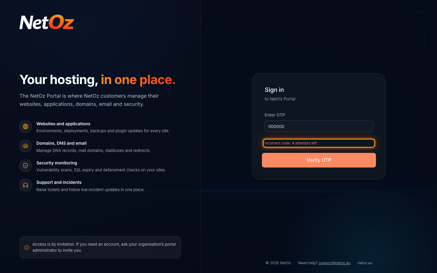 If the code is not accepted in the NetOz Portal