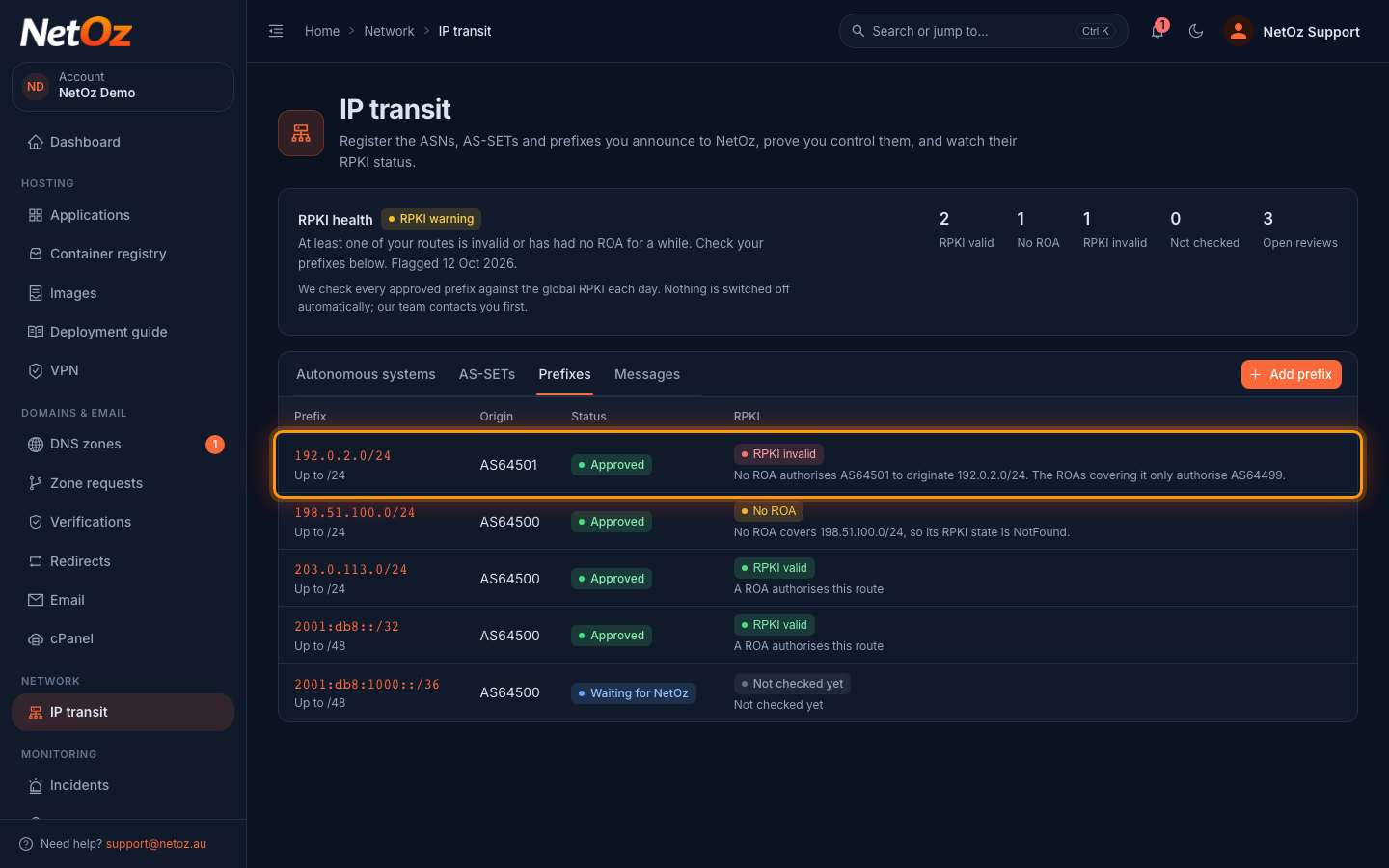 Find the invalid prefix in the NetOz Portal