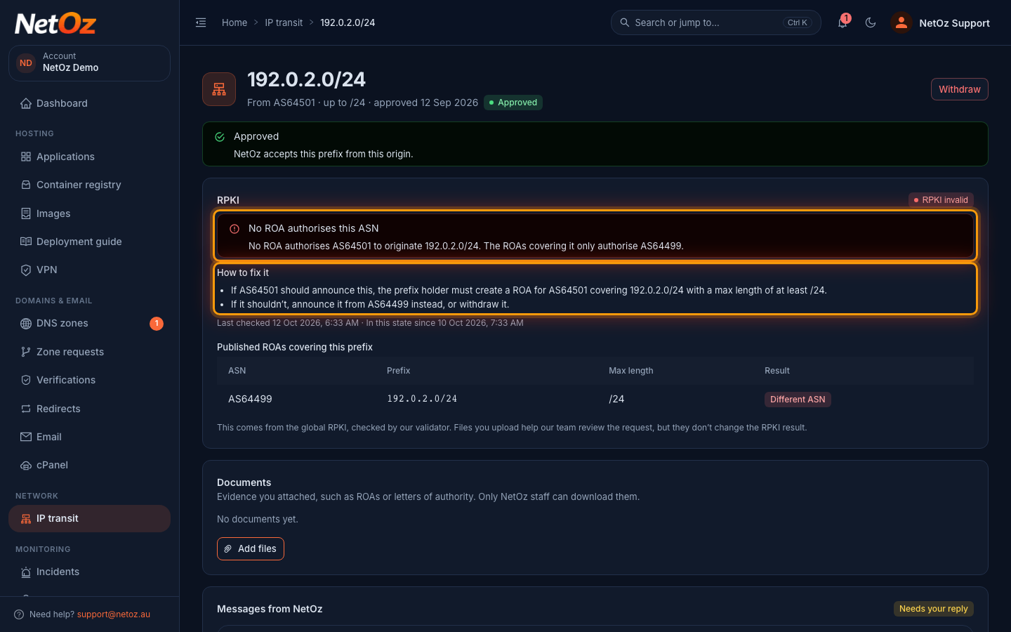 Read why it’s invalid in the NetOz Portal