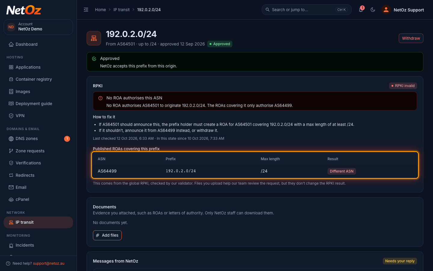 Check the ROAs covering the prefix in the NetOz Portal