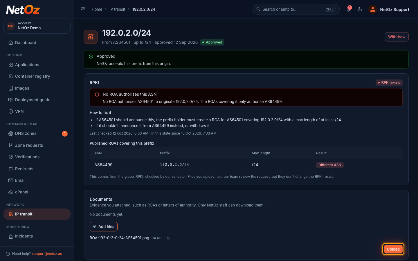 Upload the new ROA for our team (optional) in the NetOz Portal