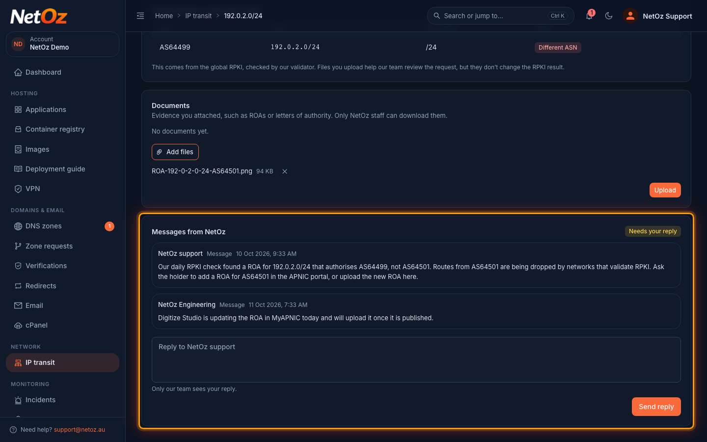 Reply to NetOz in the NetOz Portal