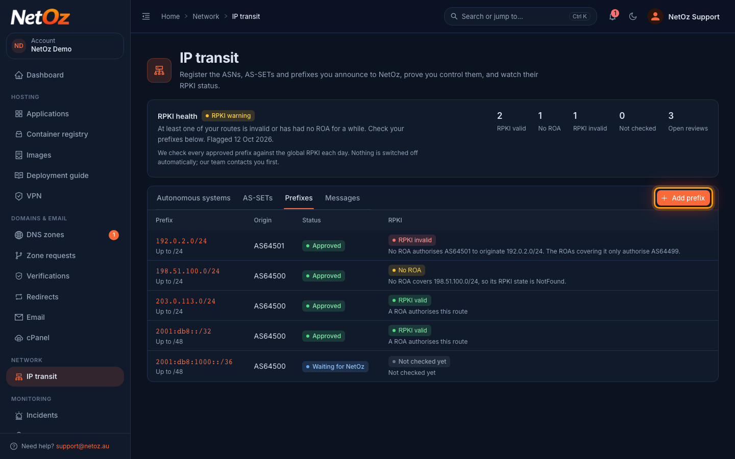 Select Add prefix in the NetOz Portal